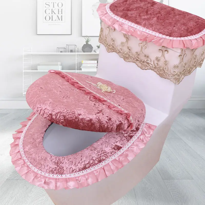 

Luxurious Toilet Seat Cover Set 3 Pieces Household Closestool Decorations Lace Toilet Seat Covers Nylon Tape Toilet Case 4 Color