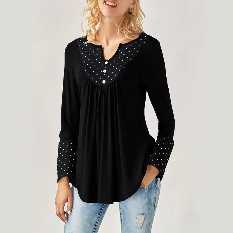 2021 Female T-Shirt Autumn Women V Neck Button Dots Draped T Shirt Long Sleeve Casual Tees Tops Women Clothes Camiseta Mujer