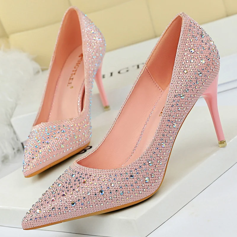 2023 Elegant Women Glitter Crystal Thin High Heels Bride Pumps White Silver Pink Tacones Heels Cinderella Wedding Shoes Big Size