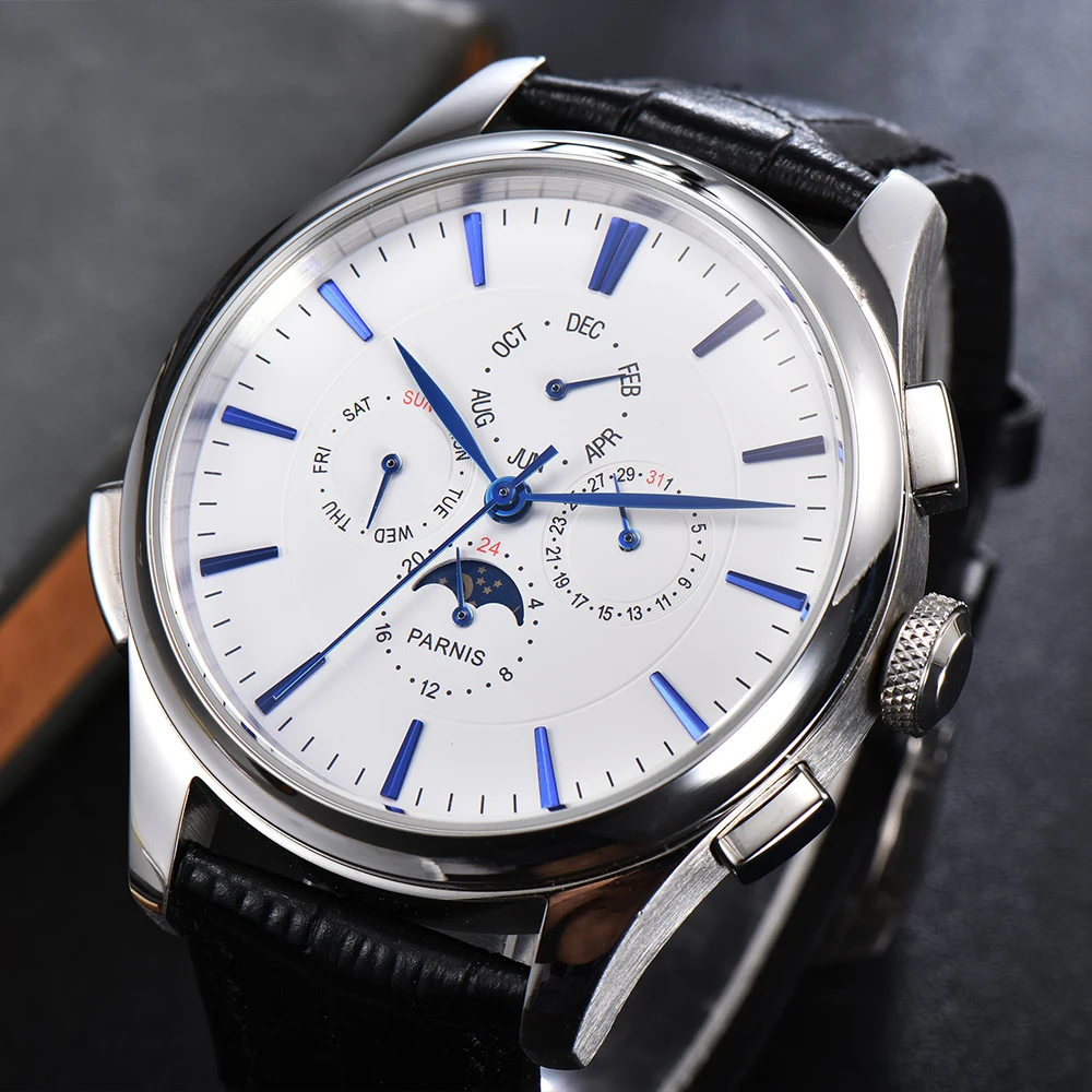 

Parnis 45mm Men Watch Automatic Mechanical Blue Scale Calendar Men's Watches montre homme luxe grande marque 2020 with box man