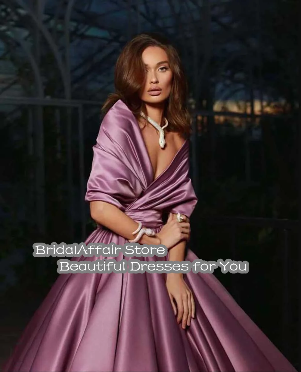 BridalAffair-Robe de Rhen satin violet pour femme, robes de Rhsexy, robe de soirée à col en V profond, quels que soient les plis, occasion spéciale