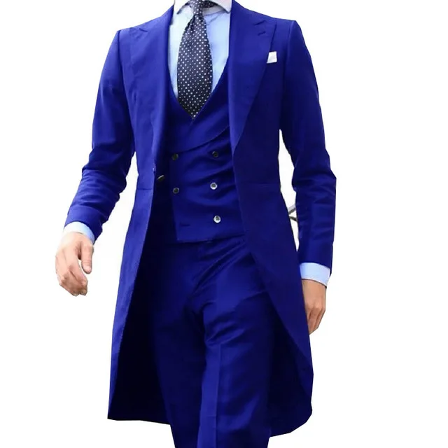 

Formal Business Long Smoking Jakcet Peak Lapel Royal Blue Men Suit Costume Homme Groom Tuxedo Terno Masculino Wedding Bridegroom