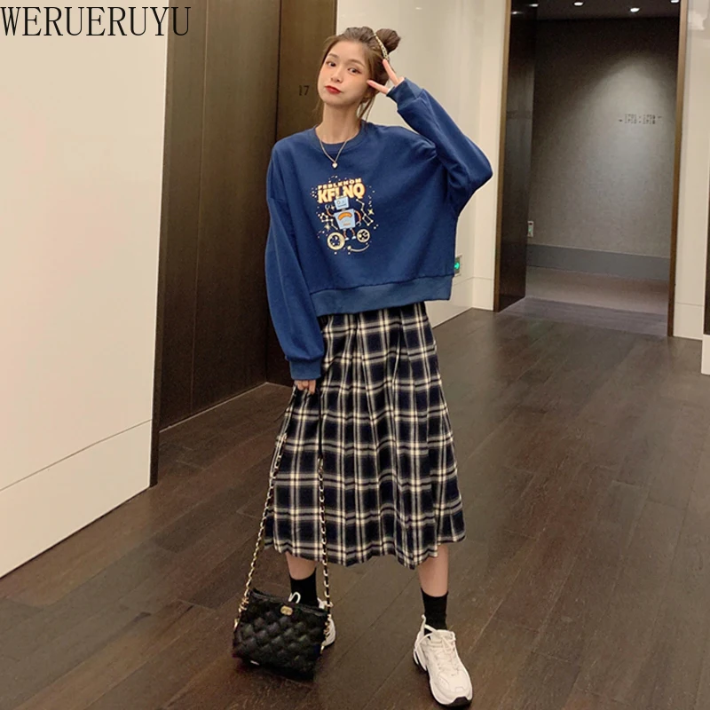 WERUERUYU Vintage Plaid Pleated Long Skirts High Waist Winter Women Korean Woolen Skirt Streetwear  Elastic Waist Midi Skirt