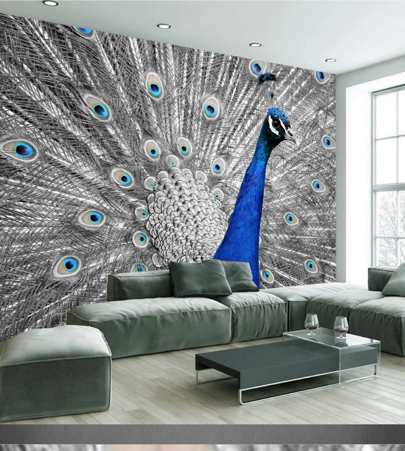 Modern light luxury simple and beautiful blue peacock open screen photography close-up background wall wallpaperpapel de parede