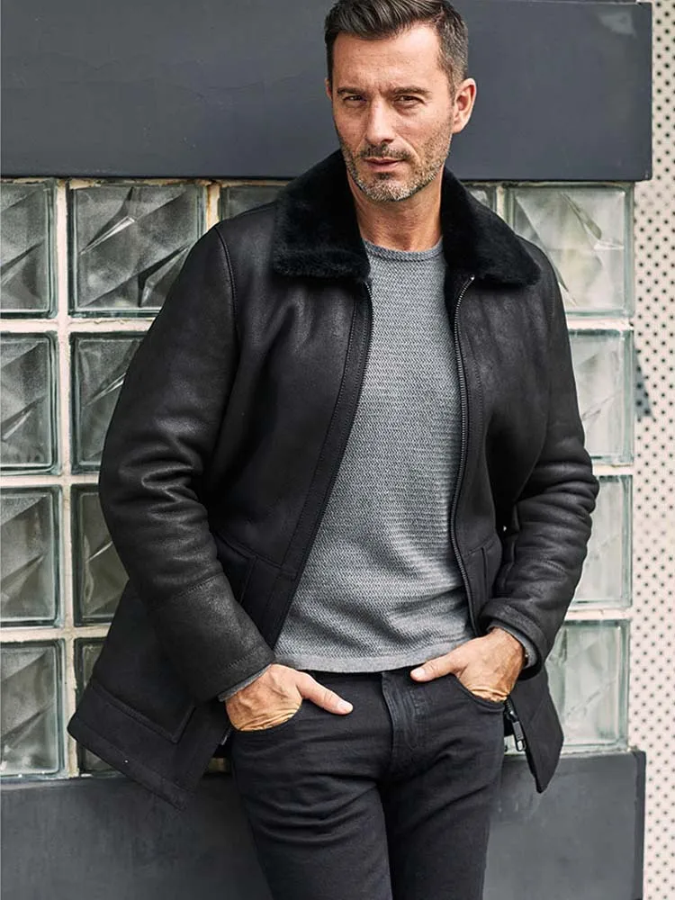 

Denny&Dora Men's Shearling Coat - Long Lapel Style, Natural Sheepskin Overcoat with Black Leather Trim