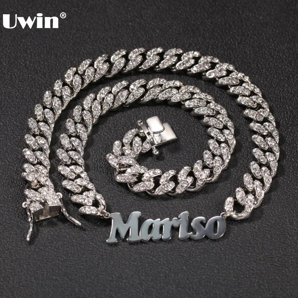 

Uiwn Custom Stainless Steel Name Pendant with12mm Rhinestone Alloy Cuban Chain Necklace Fashion Hiphop Jewelry for Drop Shipping