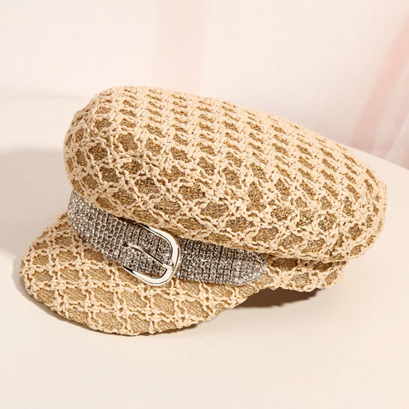 

H745 British Retro Beret Hat Summer Women Thin Flat Top Breathable Plaid Cap Girl Golden Wire Mesh Belt Buckle Navy Casual Hats