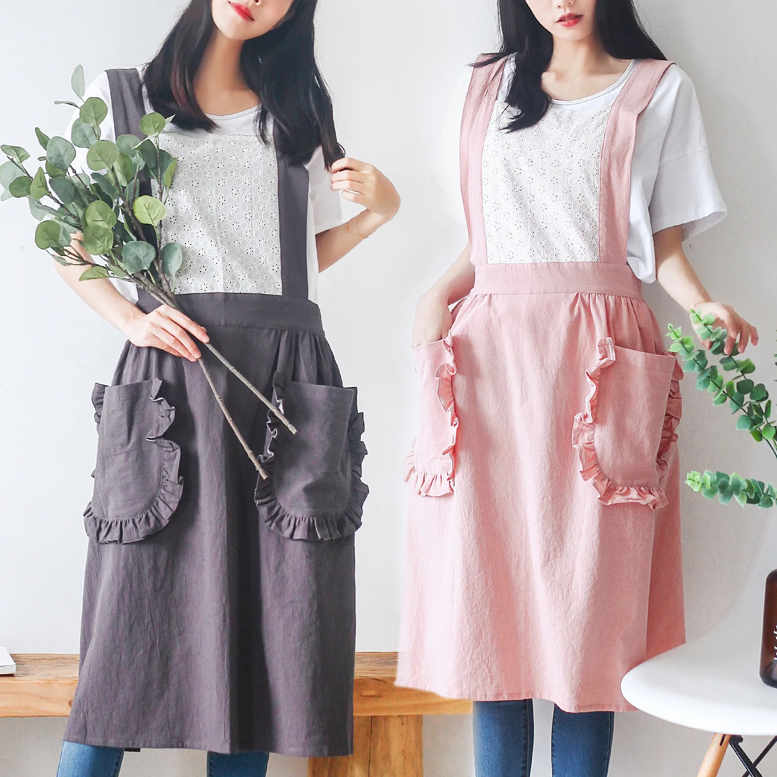 

Fashion girl apron Lace Cotton Apron Kitchen Baking beauty flower shop coffee work clothes korean kitchen supplies linen apron