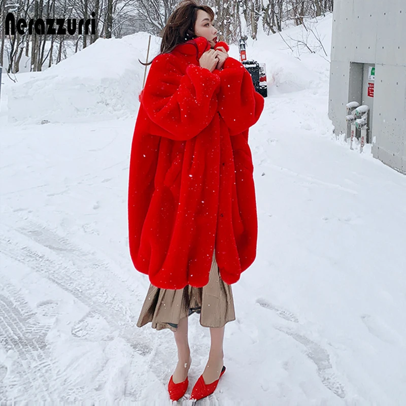 Nerazzurri Oversized Red Thick Warm Soft Fluffy Faux Fur Coat Women 2022 Raglan Seeve Stylish Thick Long Fur Coats for Winter