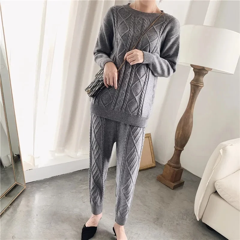 Diamond Twist Knit Elastic High Waist Loose Two Piece Set Women Winter Warm Thicken Elegant Stretch Pants Streetwear Korean Sets