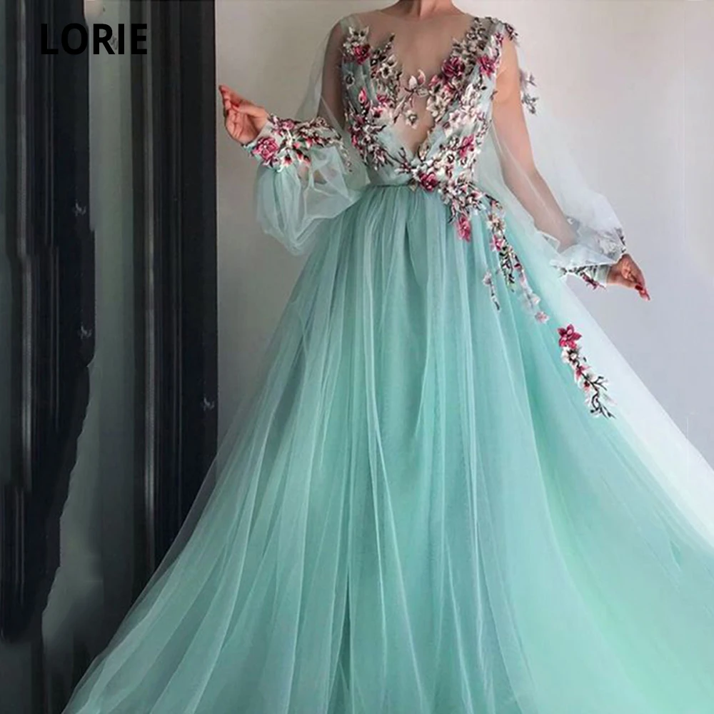 LORIE vestido de noche árabe con apliques de flores en 3D, manga larga, tul verde, Hada, fiesta de celebridades para adolescentes