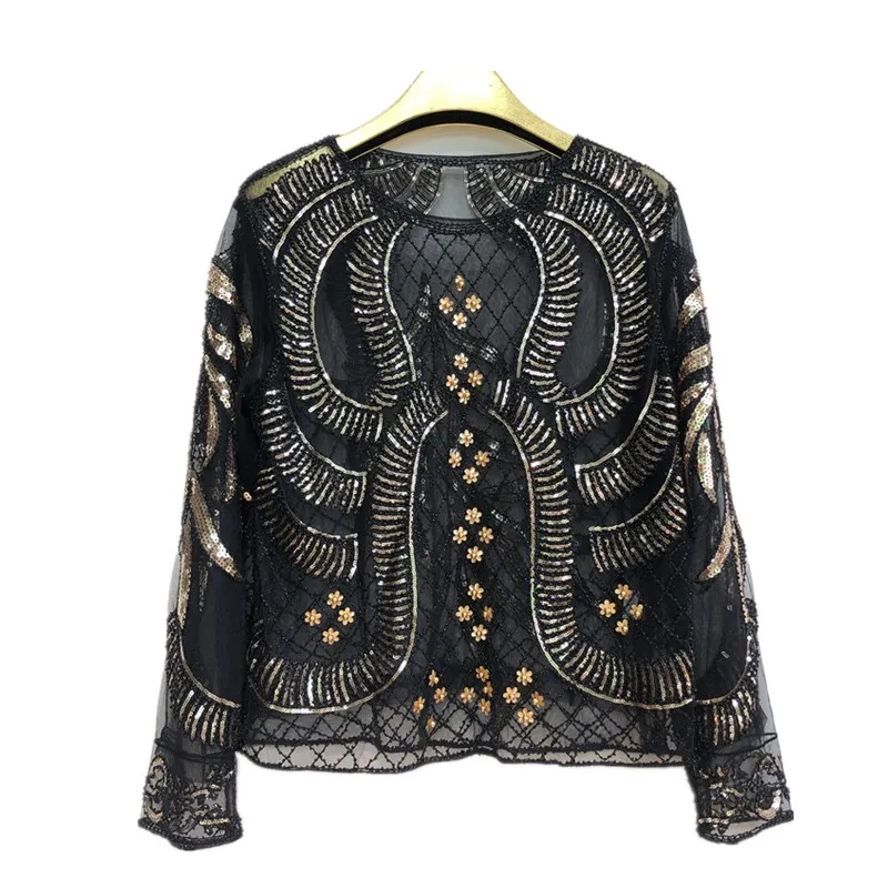 Spring Patchwork Beaded Mesh Blouse Handmade Beading Flower Sexy O Neck Women Shirt Elegant Long Sleeve Tops Pullover