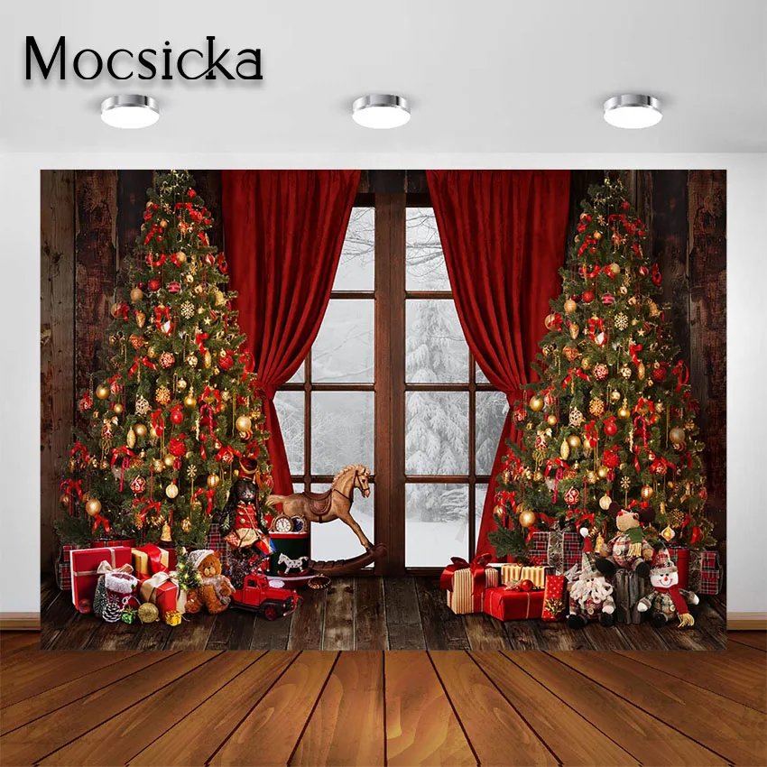 

Mocsicka Christmas Photography Backdrops Rustic Wood Window Photo Background Holiday Decorations Xmas Tree Gift Photoshoot