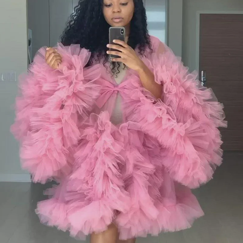 Pink 2021 Ruffle Maternity Dress Photo Shoot Props Pregnant Woman Photography Gown Kimono Sexy Mini Short Bathrobe Sleepware