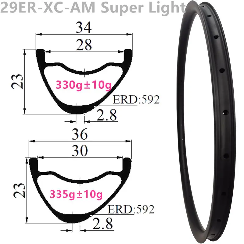 

29er 330g XC T800 Depth 23mm internal 28mm 30mm 29er carbon mtb rims Hookless tubeless 29inch mountain bike mtb wheel