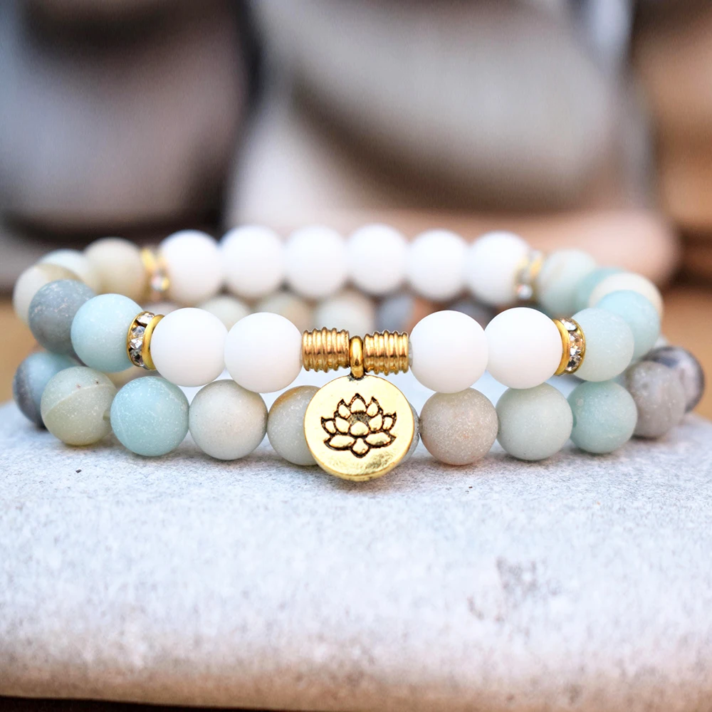 

Wholesale Matta Amazonite Mala Bracelet Set Wrist Mala Beads Bracelet Lotus Charm Bracelet Balance Meditation Bracelet