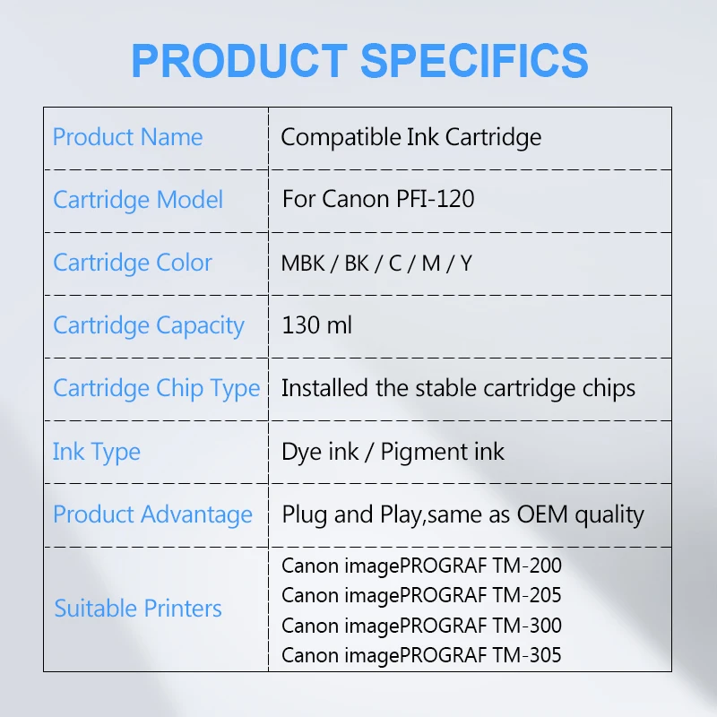 Imagem -06 - Cartucho de Tinta Compatível com Tinta Completa para Canon Tm200 Tm200 Tm-205 Tm300 Tm-305 Tm300 Tm305 Cores Conjunto Pfi120 Pfi120 130ml