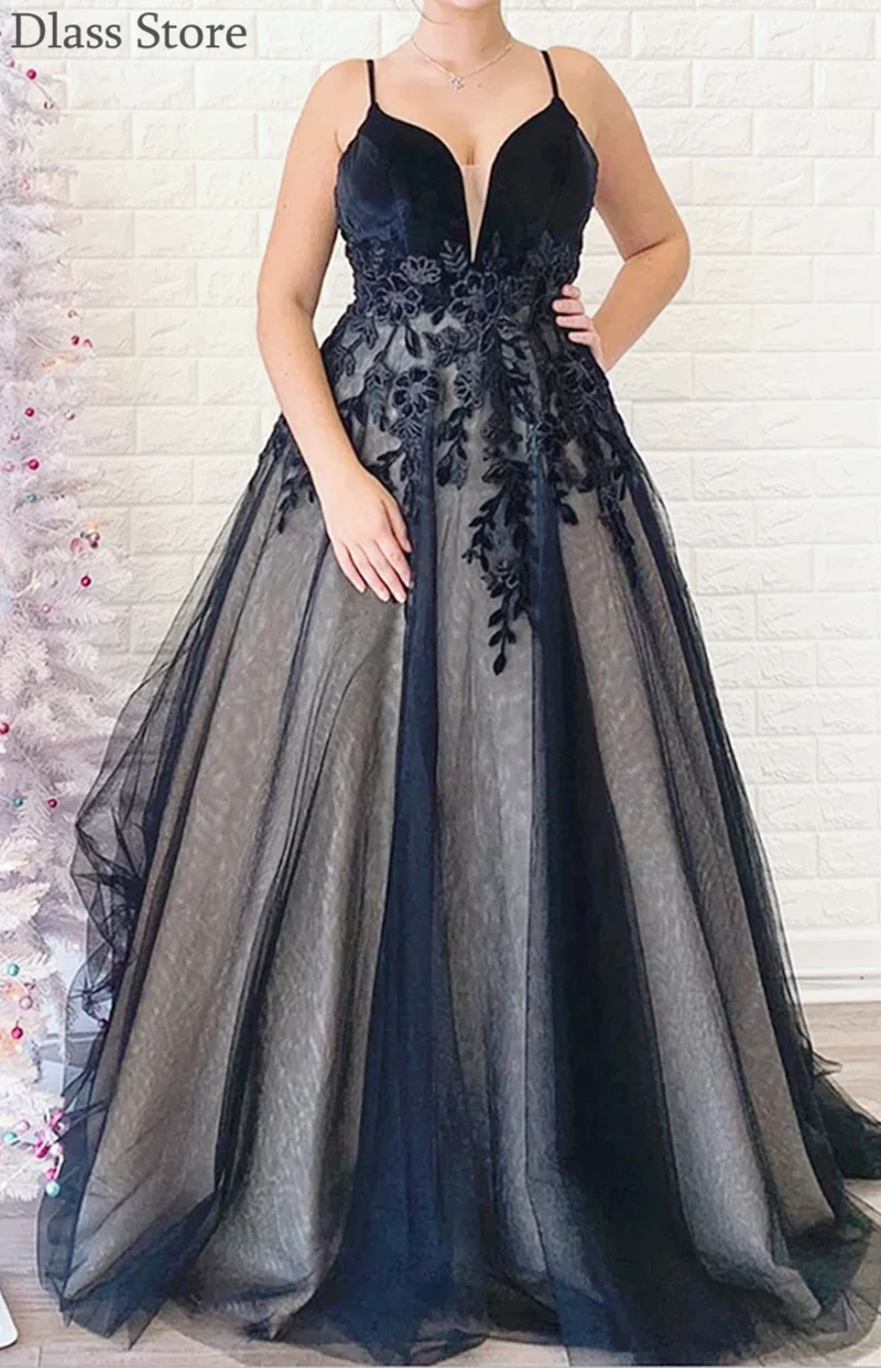 Vestido de baile a-line preto que varre, espartilho, alças com decote em v, apliques sensuais, tule sem costas, vestido de noite зна