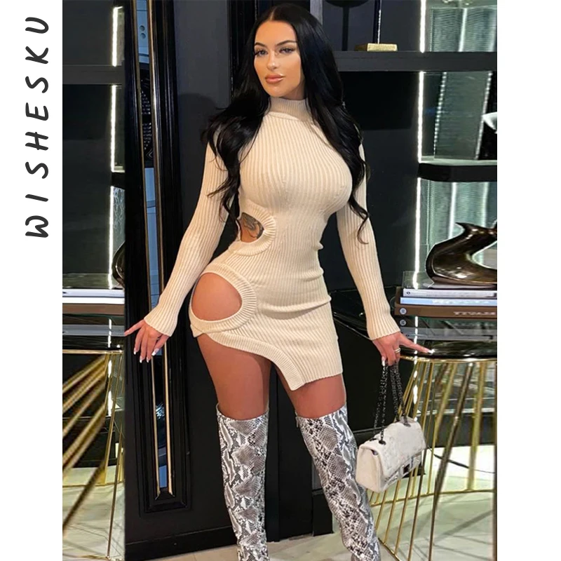 

Ribbed Women Turtleneck Long Sleeve Bodycon Mini Dress Sexy Hollow Out Knitted Dresses 2022 Spring Fall Party Club Streetwear