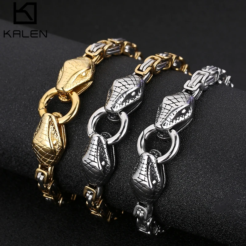 Stainless Steel Byzantine Chain Golden Double Snake Head  Bracelet for Men Punk Fashion Party Jewelry Boy Charm Gifts