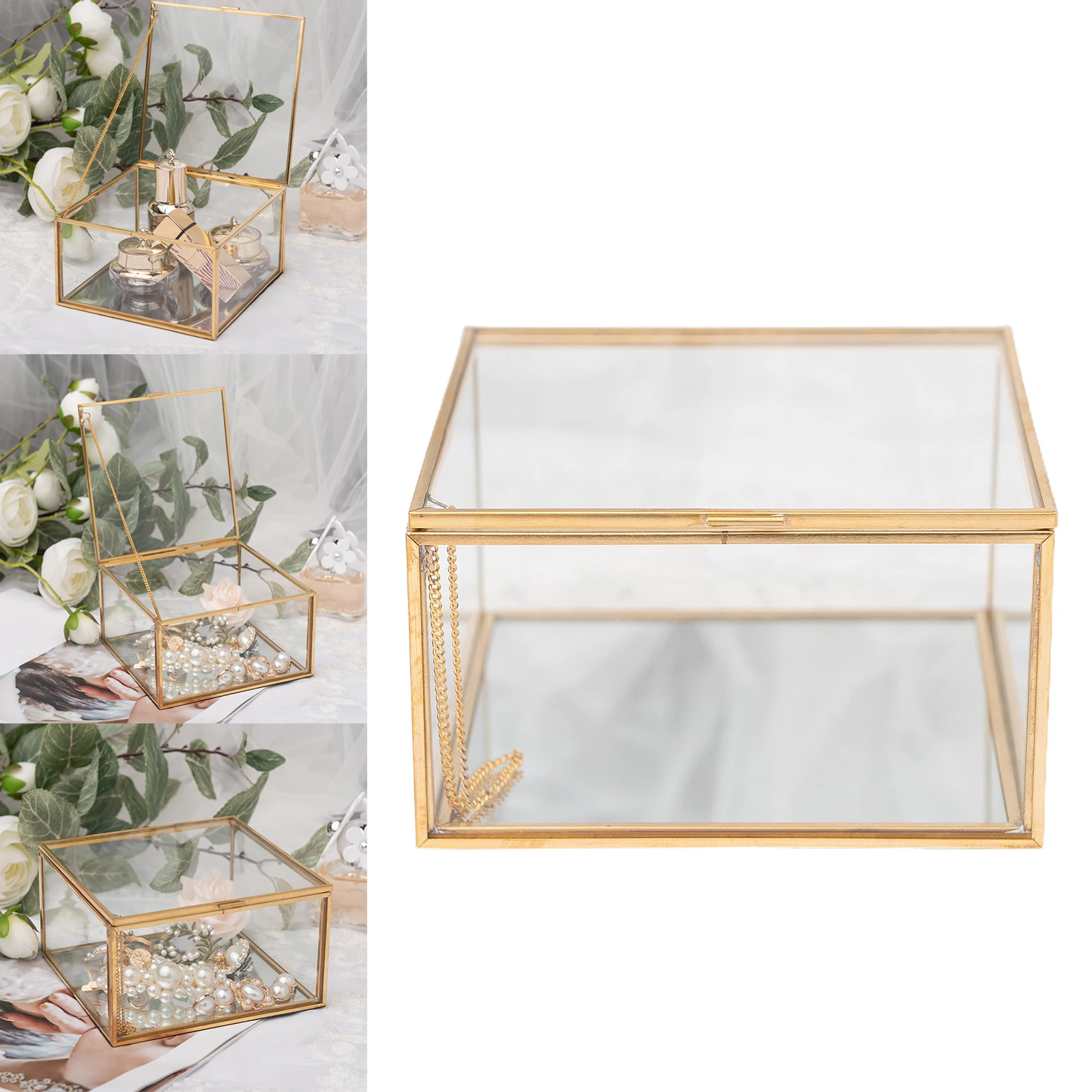 Golden Square Vintage Brass & Clear Glass Decorative Box Home Decor, Small Jewelry Case Box Organizer with Latching Lid 5x5x3\