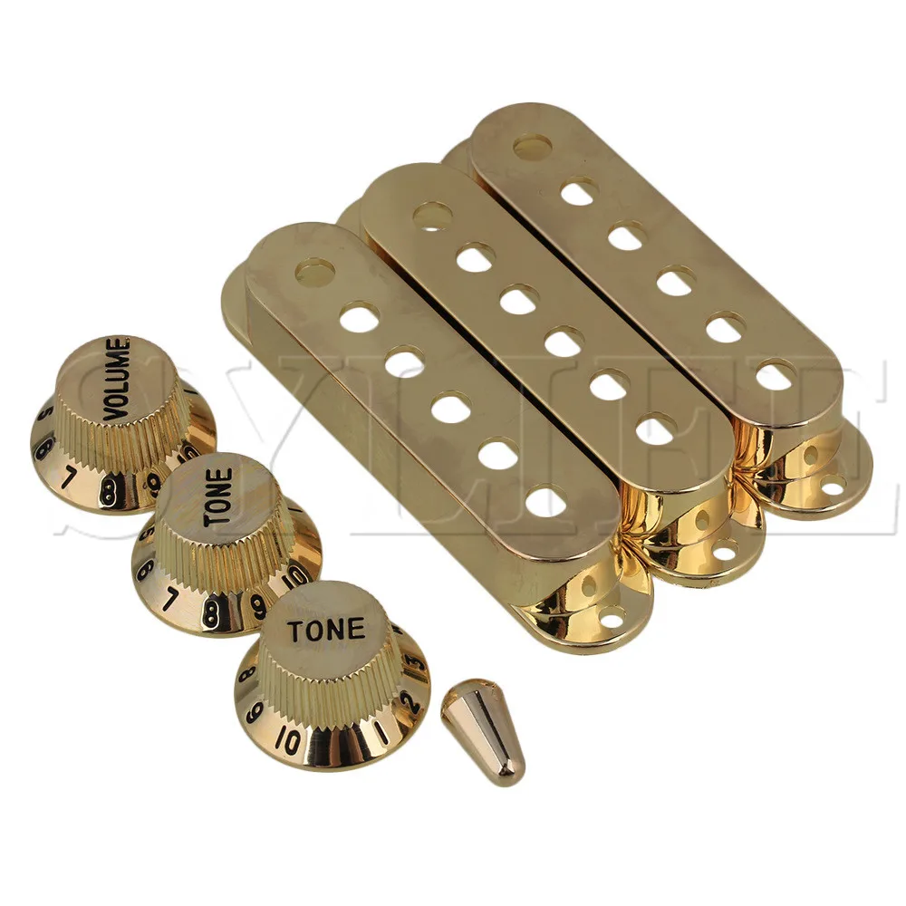 Guitars 6 Hole Single Coil Pickup Cover & 1V2T Knob Switch Tip Set of 3 Golden