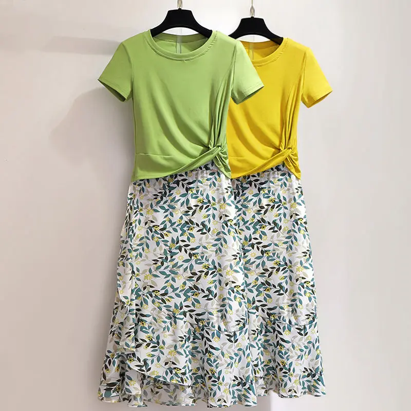 2024 Summer Korean Fashion T-shirt Skirt Set Women Graceful Print Dress Short Tops Outfits Girls Students Casual Sweet Clothing