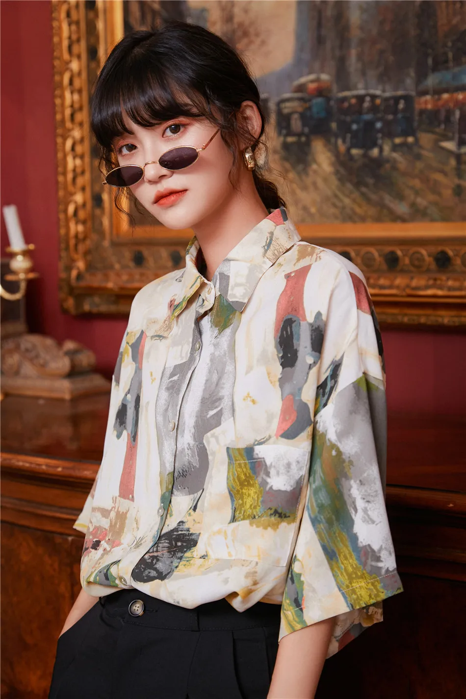 CHEERART Summer Short Sleeve Shirt Women Tops And Blouses Button Up Loose Korean Shirt Fashion Print Blouse 2020