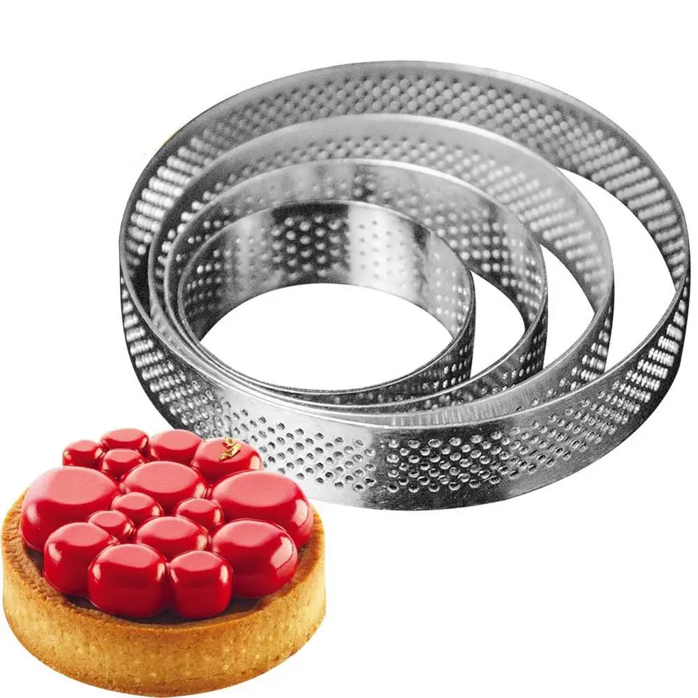 Circular Stainless Steel Porous Tart Ring Bottom Tower Pie Cake Mould Baking Tools Heat-Resistant Perforated Cake Mousse Rings