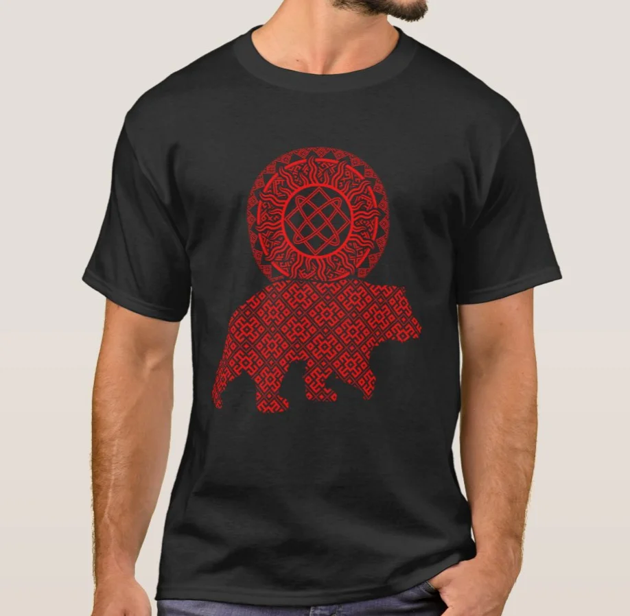 Slavic God Pagan Pattern Lada Deity Symbol and Bear Printed T-Shirt. Summer Cotton Short Sleeve O-Neck Mens T Shirt New S-3XL