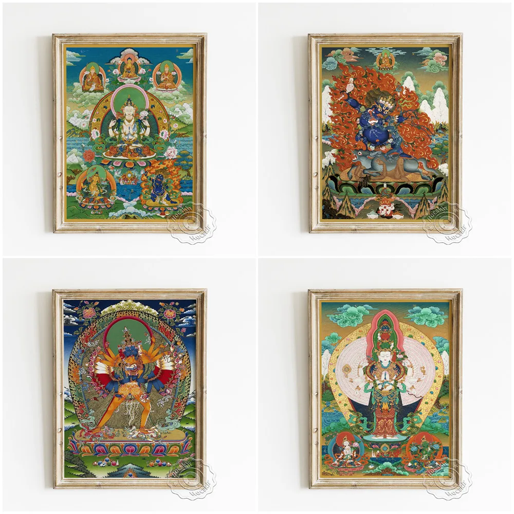 

Tibetan Thangka Painting Exquisite Religion Poster, Avalokiteshvara Wall Picture, Buddhist Temple Murals Backdrop Art Prints