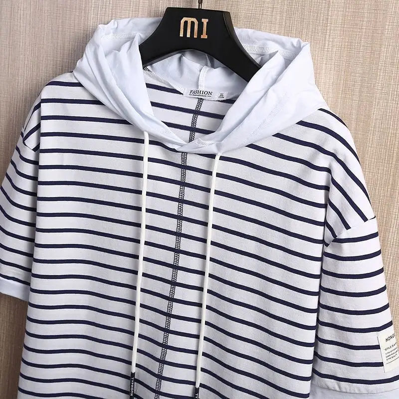 Mens Casual Striped T-shirts Summer New Male Oversized Short Sleeve Tops Tees Harajuku Men Hooded T Shirt Hip Hop Streetwear