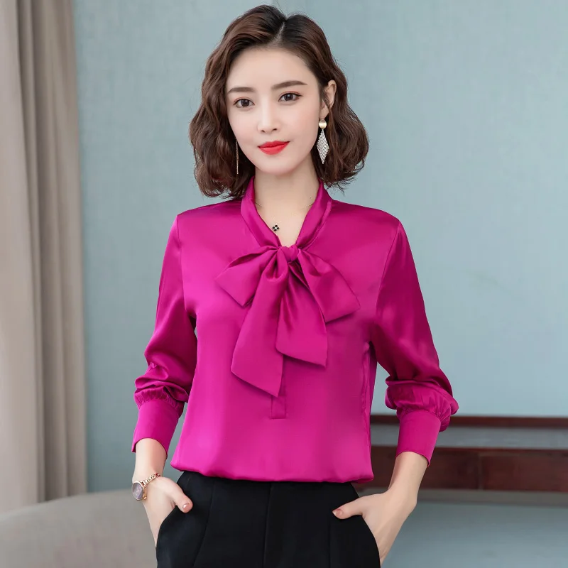 Elegant bright color bow satin silk women shirt blouse long sleeve fashion korean office ladies work shirt basic female tops