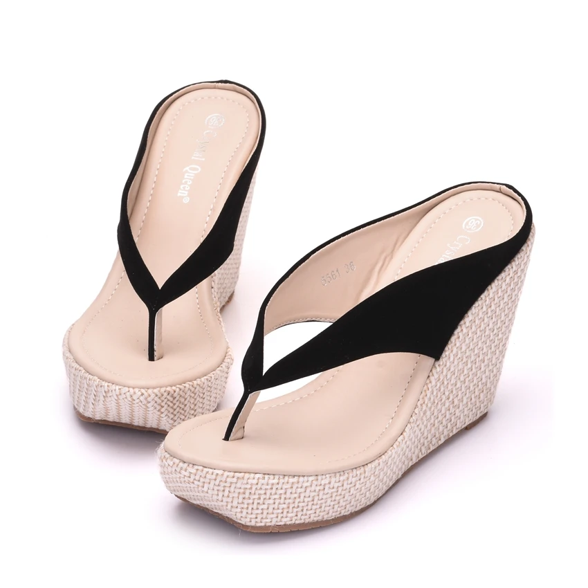 Crystal Queen Platform Wedges Flip Flops High Heels Slippers White Beach Sandals Bohemia Pink