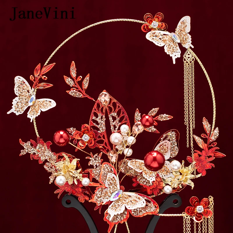 JaneVini 2020 Neueste Designer Chinesische Braut Hand Bouquets Fans Handgemachte Rote Metall Schmetterling Blumen Hochzeit Schmuck Zubehör