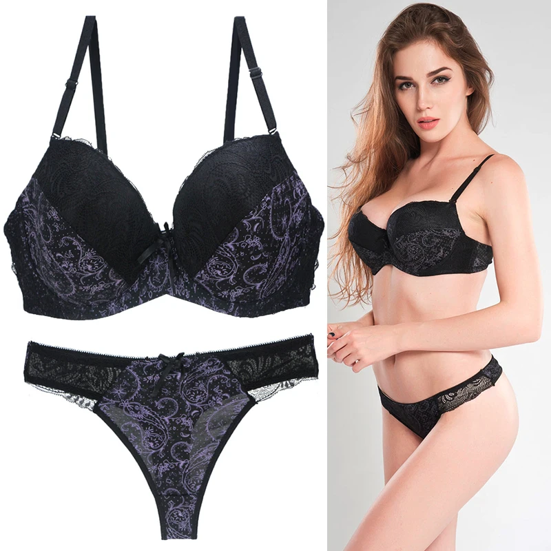 Set di reggiseni Push Up in pizzo Sexy intimo donna ricamo floreale Lingerie di grandi dimensioni nero bianco viola rosso blu Beige