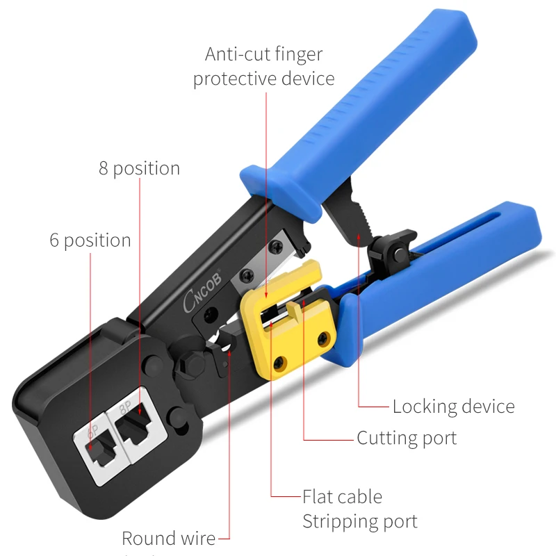 Cncob ferramenta de crimpagem rj45 passagem cat5 cat6, ferramenta de friso para rj45 rj11 rj12 + 30 peças de conector de cabo perfurado cat