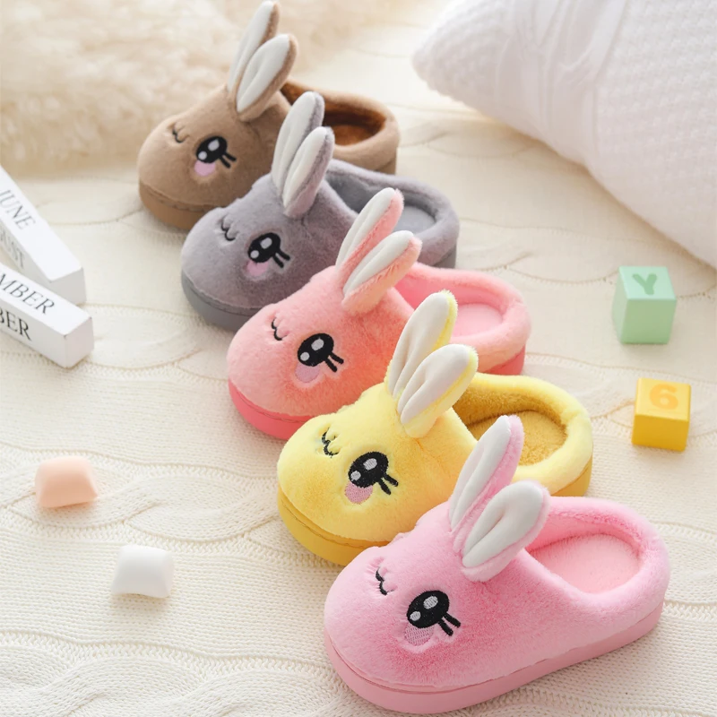 Baby Girls Cotton Slippers 2024 New Winter Children\'s Cute Rabbit Plush Slippers Boys Home Indoor Shoes Furry Kids Slippers