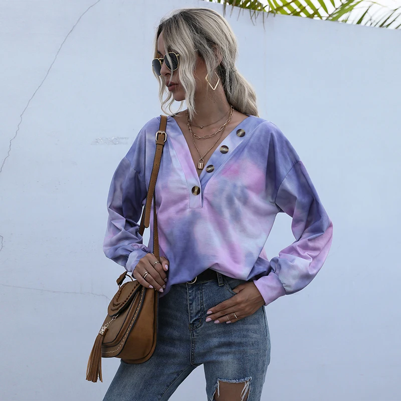 Tie Dye Print Shirt Lange Mouw Trui Koreaanse Streetwear Harajuku Punk Hiphop Lente Herfst V-hals Knoppen Losse Blouses