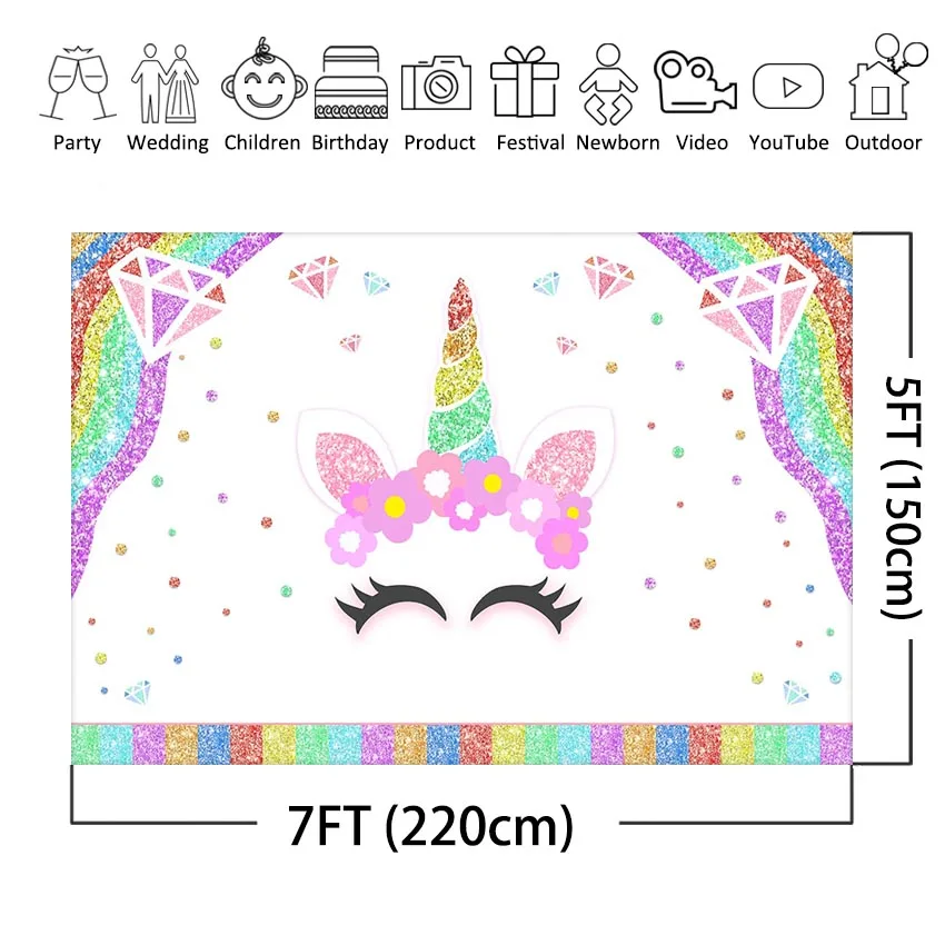 Glitter Rainbow Unicorn Backdrop Girls Diamond Unicorn Birthday Party Baby Shower Background Decoration Table Banner Supplies image 3