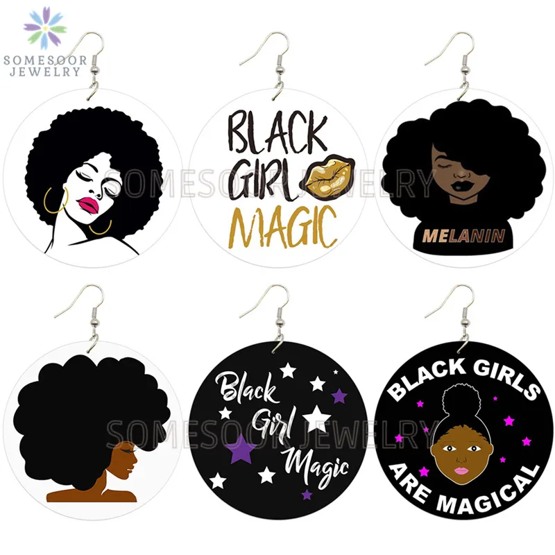 SOMESOOR Afro Melanin Girl Magic Printed Wooden Drop Earrings African Natural Hair Hoops Design Jewelry For Black Women Gifts