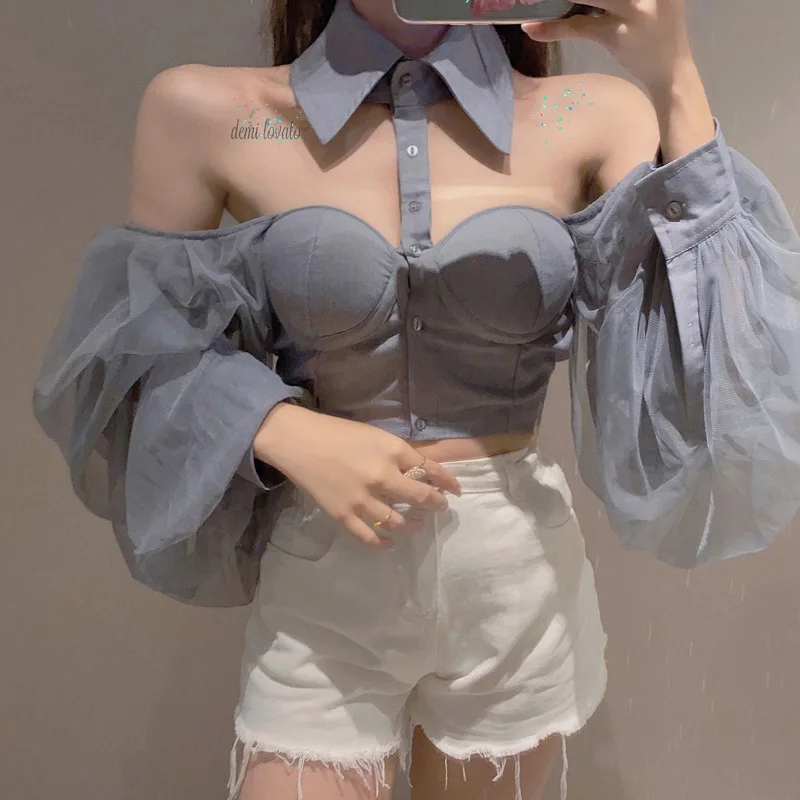 Women Mesh Sheer Blouse See-through Long Sleeve Crop Top Single-breasted Shirt Blouse Fashion Backless Sexy Shirt Female