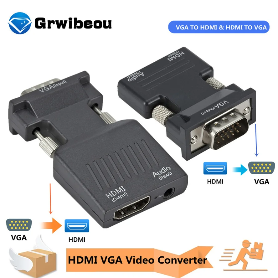 Grwibeou vga para hdmi conversor adaptador 1080p adaptador vga para computador portátil para hdtv projetor vídeo áudio hdmi-compatível com vga