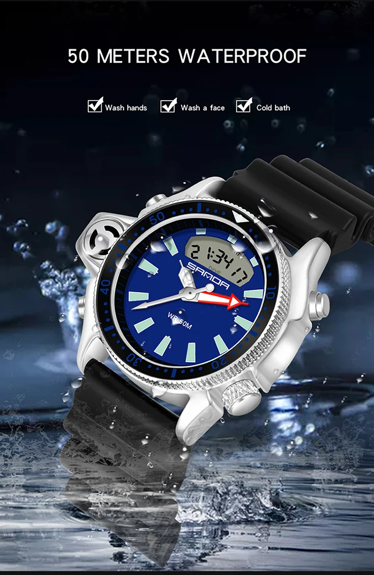 SANDA Mode Sport Männer LED Digital Uhren Dual Display Quarz Armbanduhr Im Freien Wasserdichte Militär Armbanduhren Herren Uhr – Detail 16