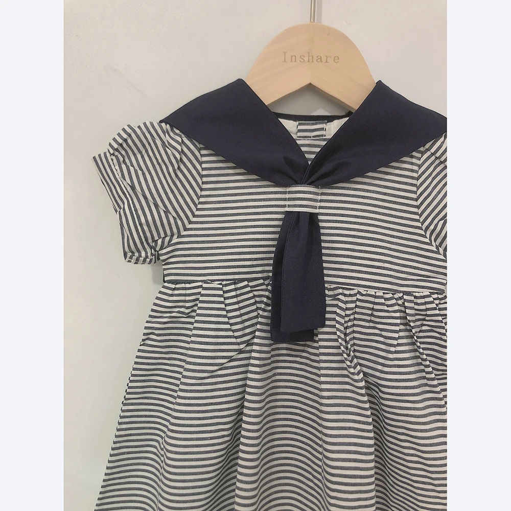 Children Boutique Spanish Clothing Boys Girls Navy Striped Clothes Short Sleeve Cotton Linen Set Sister Brother Clothes 0-6years