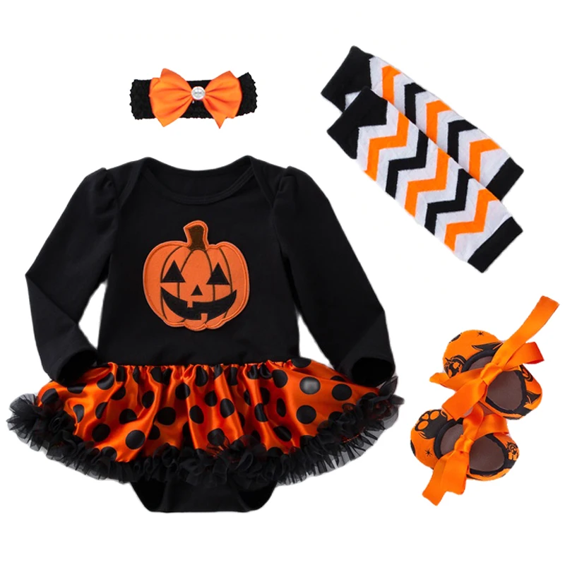 4pcs/Set Newborn Baby Girls Halloween Costume Romper 3 6 12 18 24 Month Dress Bebe Polka Dot Pumpkin Jumpsuit Clothes Outfit Set