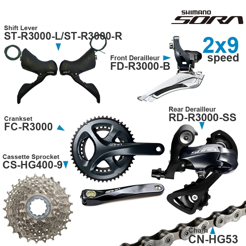 SHIMANO SORA R3000 2x9v Groupset with Shifter  Front Rear Derailleur Cassette Sprocket COG Chain Crankset -Road- 2x9-speed