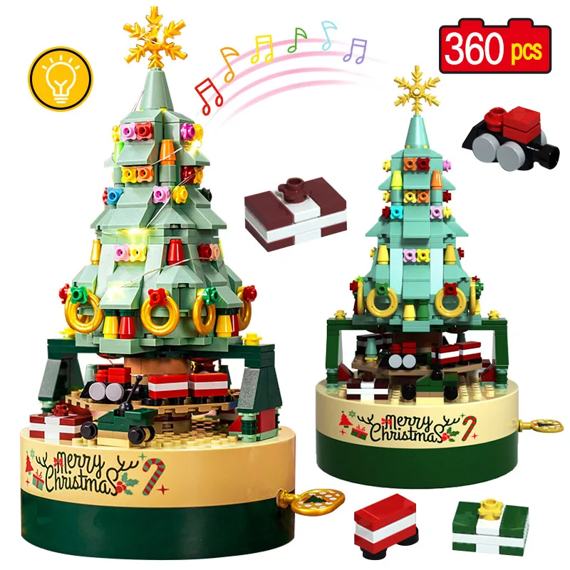 

360pcs LED City Christmas Rotating Music Box Building Blocks Santa Claus Pine Tree House Friends Bricks Toys For Children Gifts