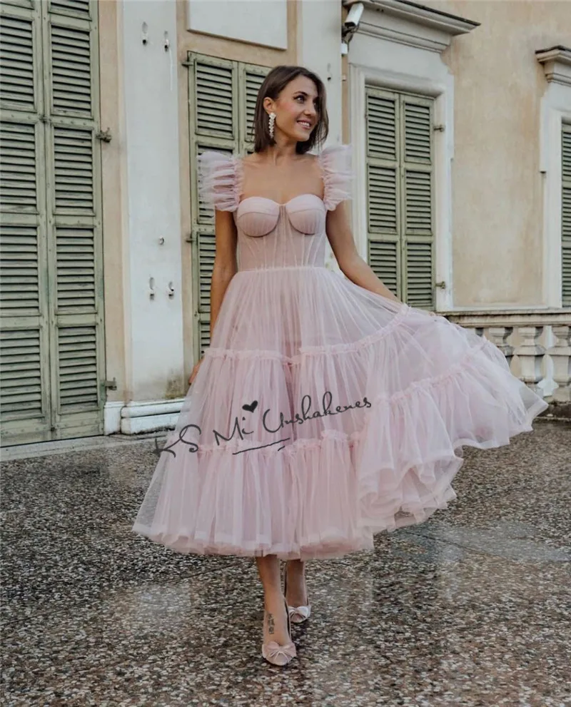 Günstige Rosa Prom Kleider 2021 Plissee Tee Länge Kurze Abend Party Kleider Mieder Plus Größe Homecoming Kleid Formatura