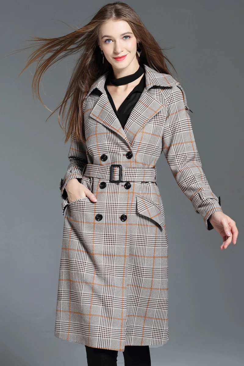 Quente nova xadrez feminina trench coat sobre o joelho windbreake outwear feminino primavera outono inglaterra double-breasted jaqueta solta